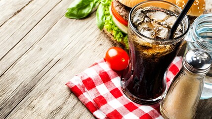 red and white picnic cloth with burgers and drinks on bottom, empty top for text, top view 