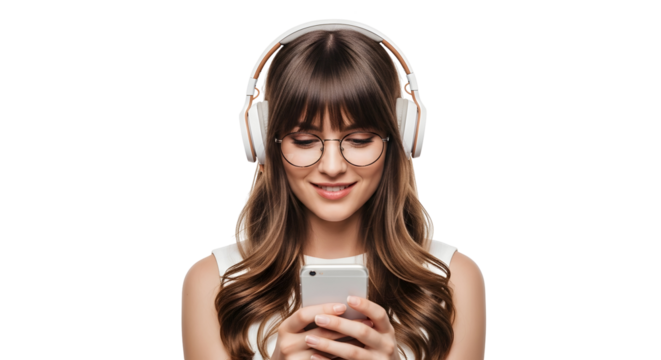 Young woman with headphones listening to music on her phone, happy and smiling, isolated on white background