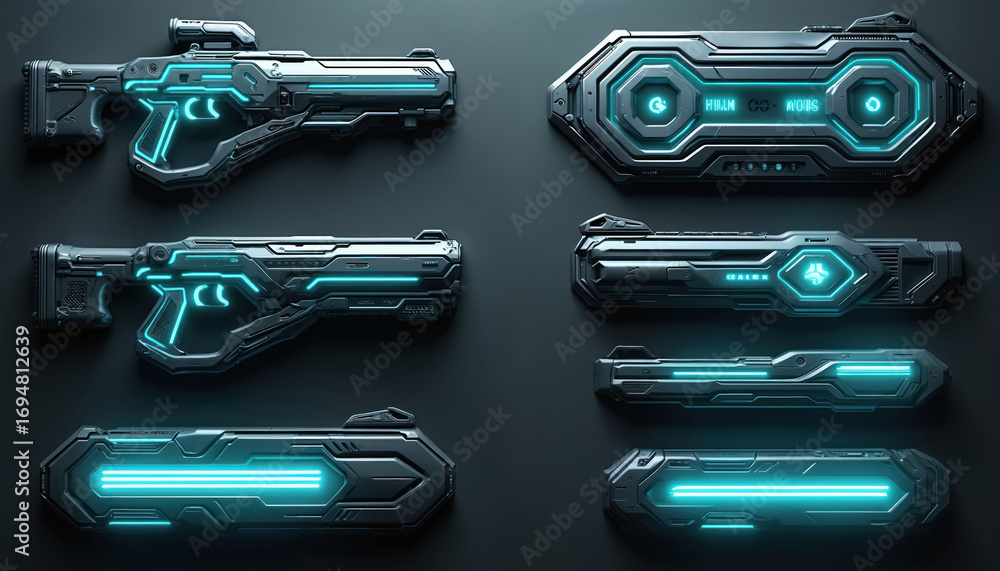 Poster futuristic sci-fi illustration of glowing neon tech panels and weapon interfaces for game design. fe