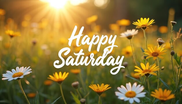 Bright sunny field with daisies and yellow flowers, featuring Happy Saturday text. Sun rays shine through the blossoms, creating a warm, cheerful atmosphere for spring or summer greetings.