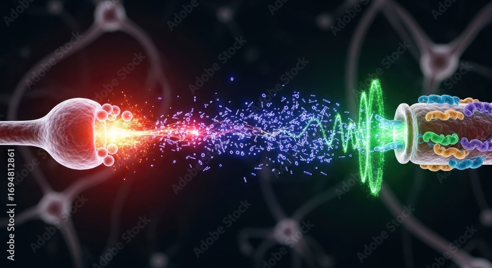 Poster synaptic transmission showing glowing vesicles released particles and wavy energy between neural str