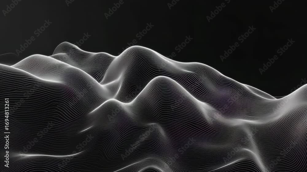 Poster abstract 3d rendering of a dark, undulating landscape composed of glowing white dots forming a topog
