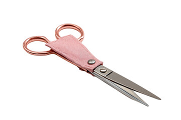 Rose gold scissors, pink leather case, studio shot, craft supplies