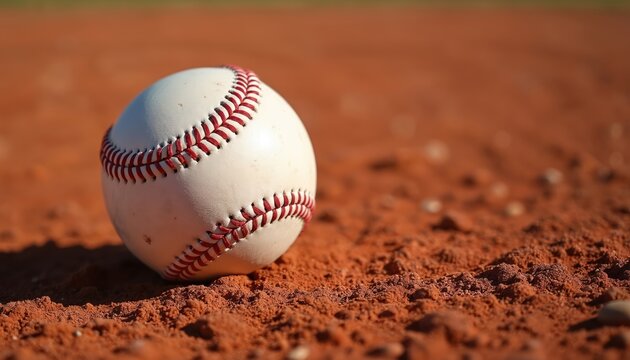 Baseball sits on red clay field dirt. Close-up view of ball with stitched seams on rough textured ground. Baseball equipment ready for summer game, training, or competition.