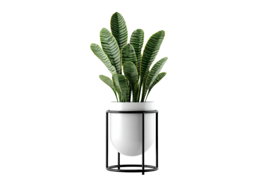 A houseplant in a modern white pot with a dark metal stand
