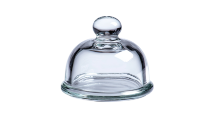 Clear glass dome lid on square base, studio shot, white background, food storage