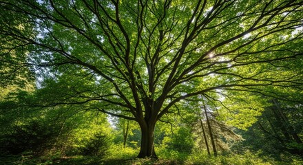 Obraz premium A majestic tree with lush green leaves in a dense forest setting.