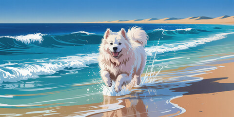 Samoyed dog running on beach with ocean waves in background, illustration
