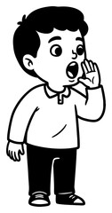 Little Boy Shouting Loudly with Hand Near Mouth Cartoon Style Black and White Outline Line Art Drawing Vector