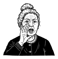 Grandma Shouting Loudly with Hand Near Mouth in Vintage Black and White Outline Line Art Drawing