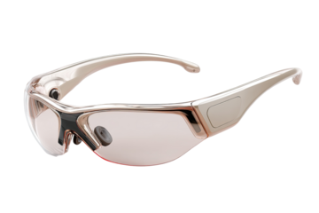 Stylish, light beige/rose-toned eyewear, likely tech-integrated.  Features slight tinted lenses and subtle, integrated technology components