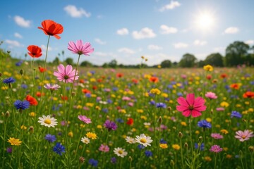 Naklejka premium Vibrant Wildflower Field Under Clear Blue Sky with Soft Clouds and Warm Sunlight