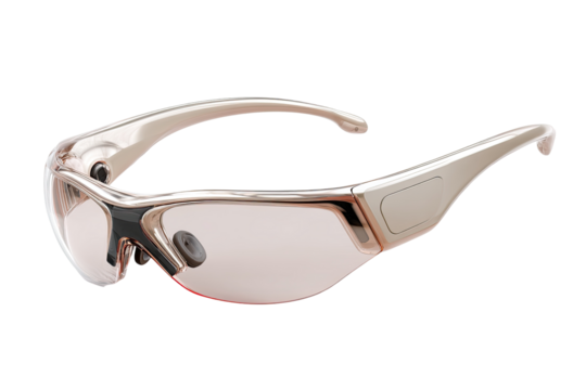 Stylish, light beige/rose-toned eyewear, likely tech-integrated.  Features slight tinted lenses and subtle, integrated technology components