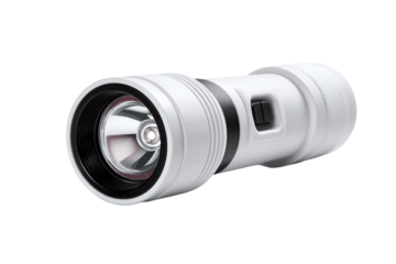 White, cylindrical flashlight with a focused beam.  Features a smooth, modern design.  A small switch is visible