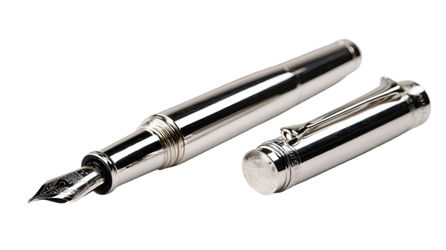 A polished silver fountain pen, presented in a closed and open position.  The pen's body is a sleek, cylindrical shape, and the nib is visible.  The pen's design is classic and elegant
