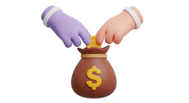 Hands putting money into a bag with dollar sign isolated on transparent background