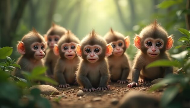 Group of curious baby monkeys with expressive faces gather in forest setting. Young rhesus macaques show playful, innocent expressions, hinting at family bonding, natural wildlife behavior. Soft fur,