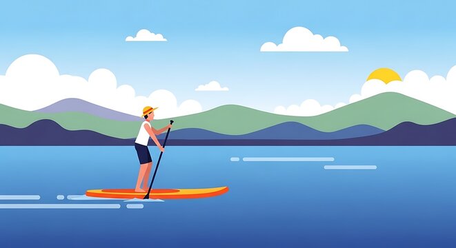 Man paddleboarding lake mountains.