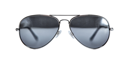 Close-up of aviator sunglasses.  Gray lenses, metallic frame,  front view against black background