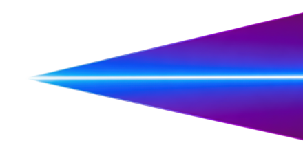 Abstract electric blue to deep violet linear light beam, sharply defined, focused, glowing against a transparent seamless background, high-tech minimalism concept