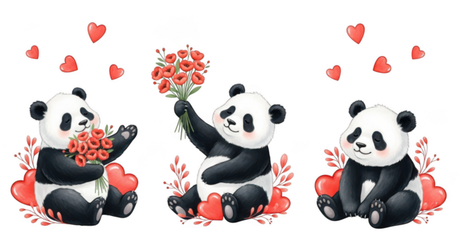 Three adorable pandas surrounded by hearts, isolated on transparent background
