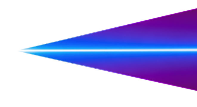 Abstract electric blue to deep violet linear light beam, sharply defined, focused, glowing against a transparent seamless background, high-tech minimalism concept