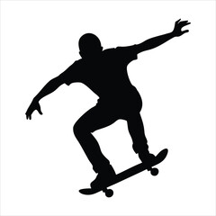 Silhouette of a skateboarder performing a trick against a white background