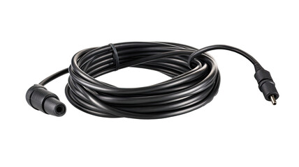 Coiled black cable, connectors, studio shot,  dark background, electronics