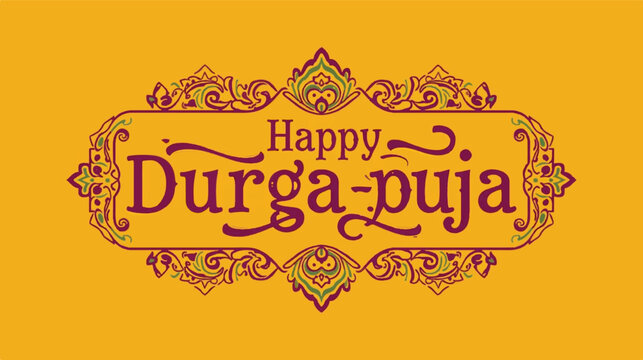 Elegant Happy Durga Puja Typography with Traditional Border. An elegant and traditional vector illustration for Durga Puja. Vector Illustration.