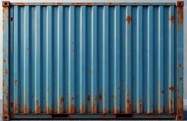 Obraz premium Blue shipping container with visible rust spots offers corrugated metal texture. Industrial cargo storage unit represents logistics, transport, steel freight. Ideal background for themes of trade,