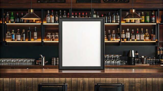 Blank canvas mockup above bar counter displaying menu or advertisement