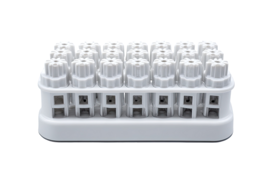 Light gray plastic tray holding numerous small, threaded vials