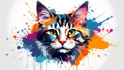 Naklejka premium A vibrant and artistic digital painting of a majestic cat's face with an explosion of colorful watercolor paint splatters on a white background