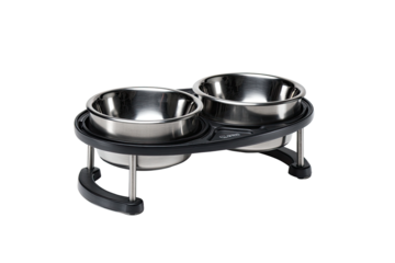 Dual stainless steel pet bowls on a black stand