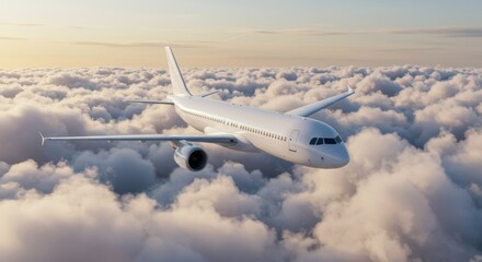 Fototapeta premium Commercial airplane flying above the clouds at sunset symbolizing travel transportation tourism aviation and modern technology