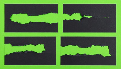 Four rectangular black paper segments, each with a jagged tear revealing a vibrant green background, arranged in a grid pattern.