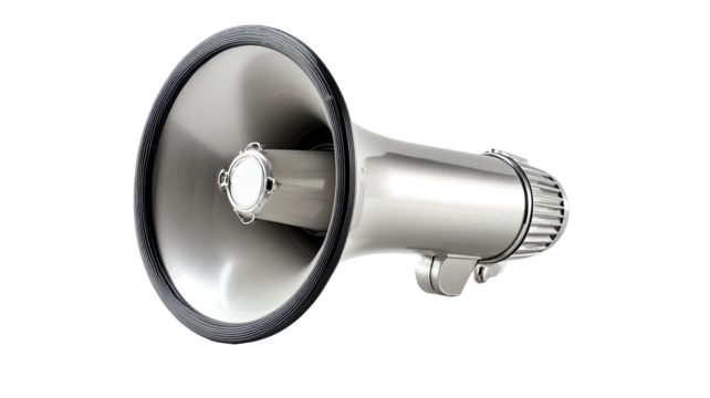 A metallic, wide-coned megaphone, angled slightly.  The horn is smooth, reflective.  A cylindrical body houses components.  Dark background