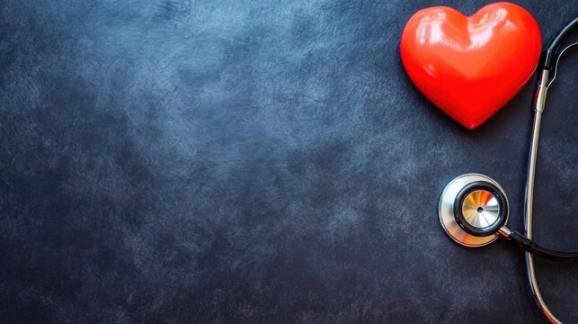 Heart symbol and stethoscope on dark surface symbolize health and care - Powered by Adobe