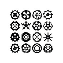 Collection of diverse black gears and cogs set mechanical elements industrial machine parts abstract