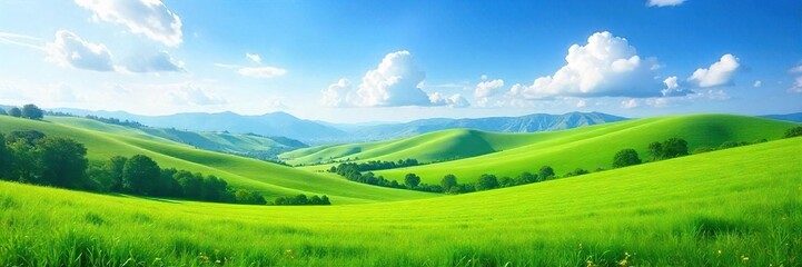 Obraz premium Serene vista of rolling hills, lush green meadows under a vibrant blue sky Perfect for travel, nature, or environmental themes Tranquil scene evokes peace and calmness , outdoor, rural, calm