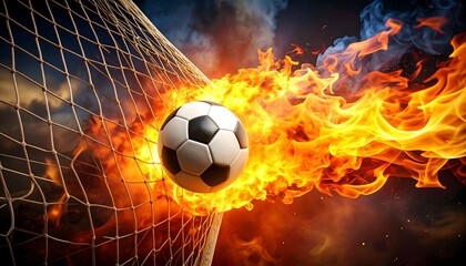 Soccer ball ablaze, fiery goal