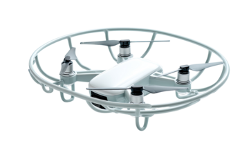 White drone with cage, indoor studio shot, product photography
