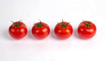 Four ripe, red tomatoes in a row against a stark white backdrop. 