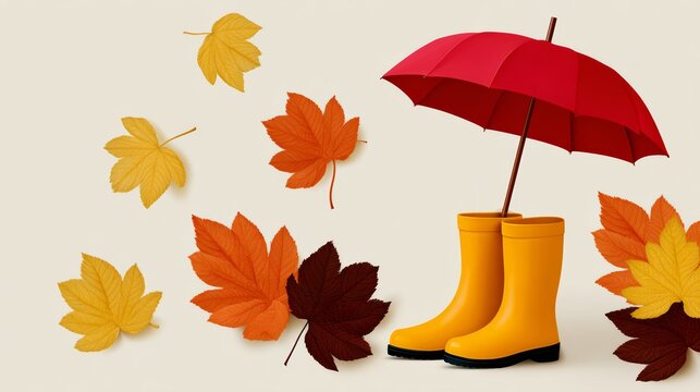Red umbrella is on top of two yellow rain boots. The umbrella is open and the boots are on the ground. The image is of autumn leaves scattered around the boots and umbrella