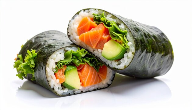 Fresh sushi burrito with salmon, avocado, and lettuce, cut in half and isolated on a white background.