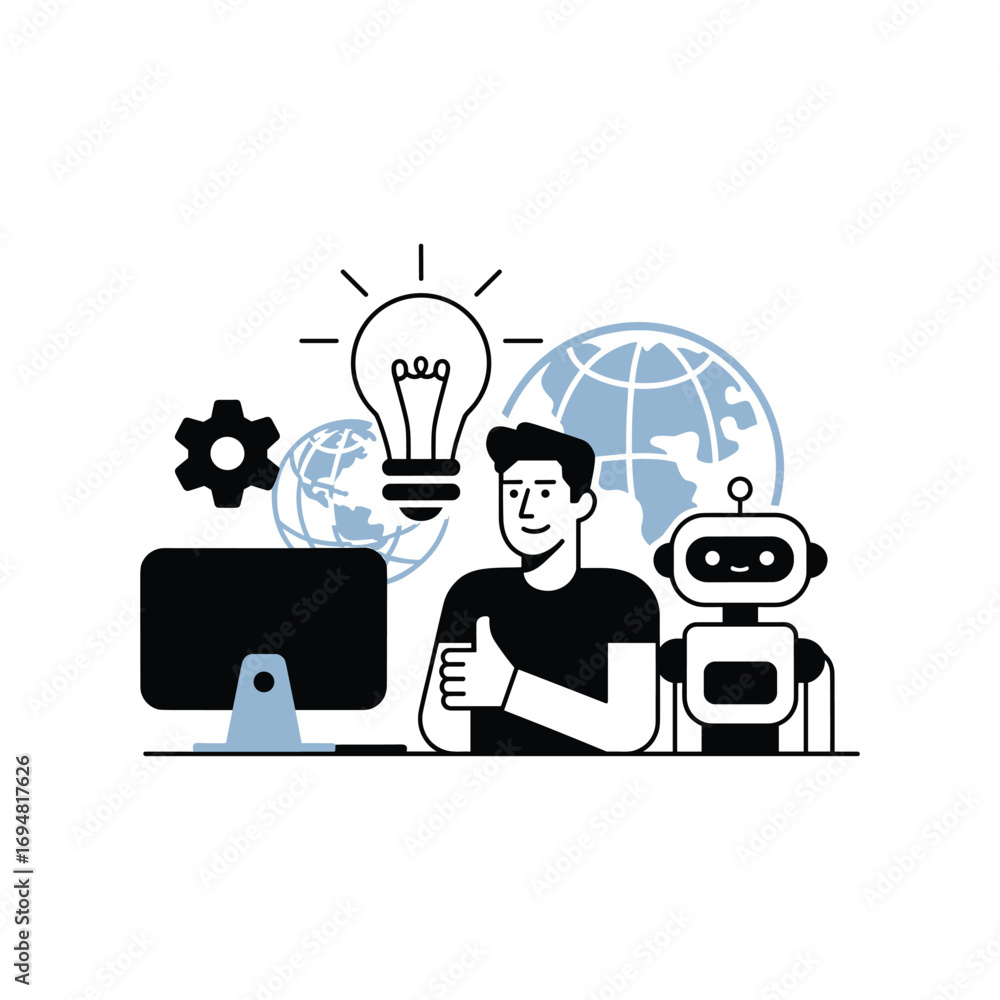 Aufkleber man thumbs up with robot computer and lightbulb symbolizing technology innovation and ai development