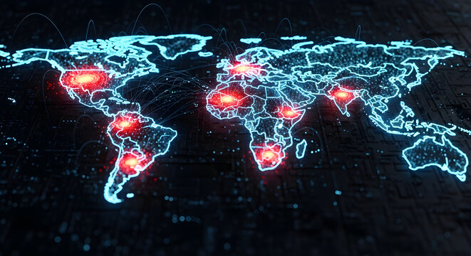 Digital world map with glowing red hotspots indicating global spread of a virus or conflict, representing interconnectedness and crisis
