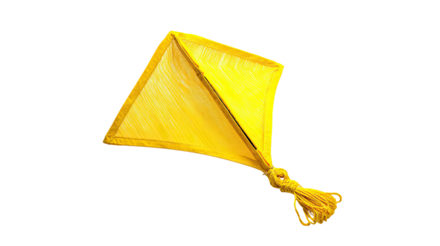 Bright yellow diamond-shaped kite, angled, with a trailing string
