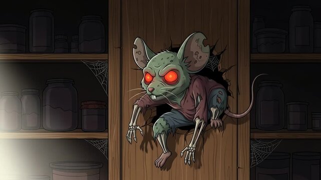 Zombie mouse breaks through pantry door red eyes torn clothes