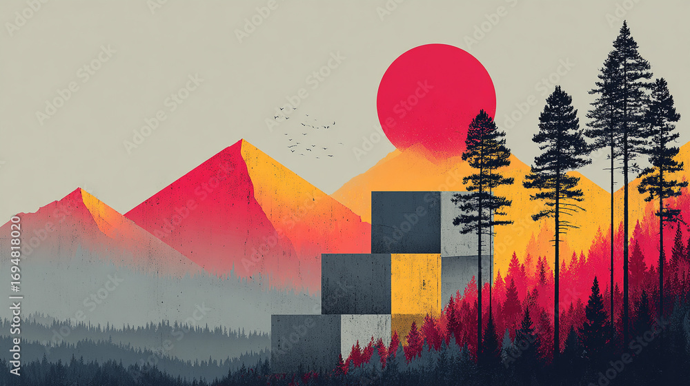 Poster abstract landscape collage featuring geometric star shape over mountain background creating a layere